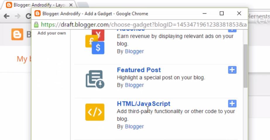 Add HTML/Javascript Gadget in Blogger
