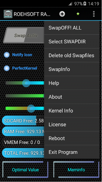 Menú de Opciones y configuración del Expansor de RAM de Rheosoft