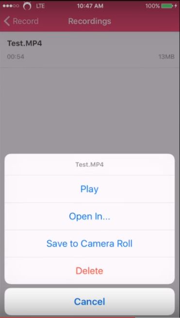 Play FInished Screen Recording from the App or Save it to Camera Roll in iOS Devices