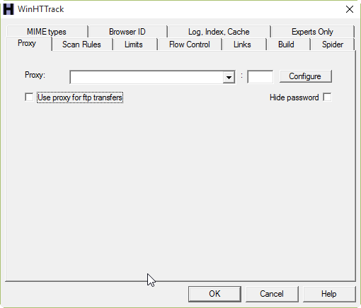 WinHTTrack Untick Proxy