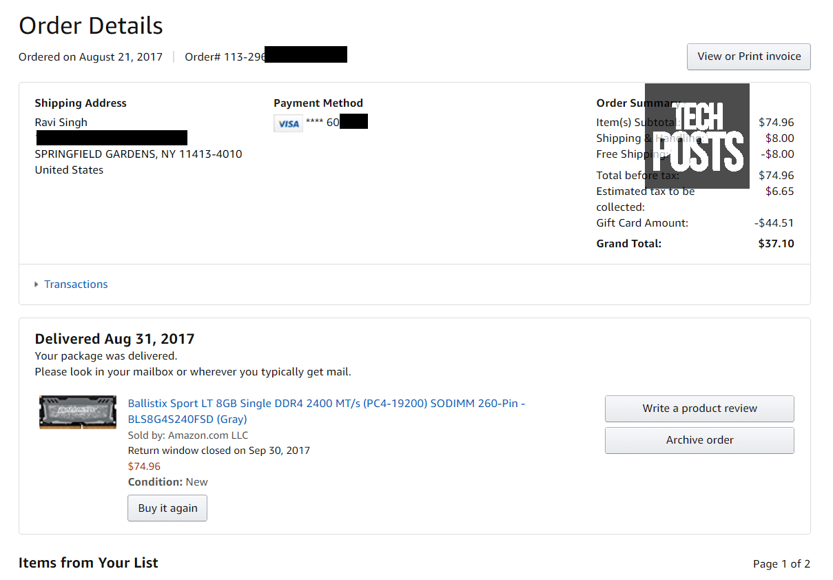 Details of Order on Amazon.com