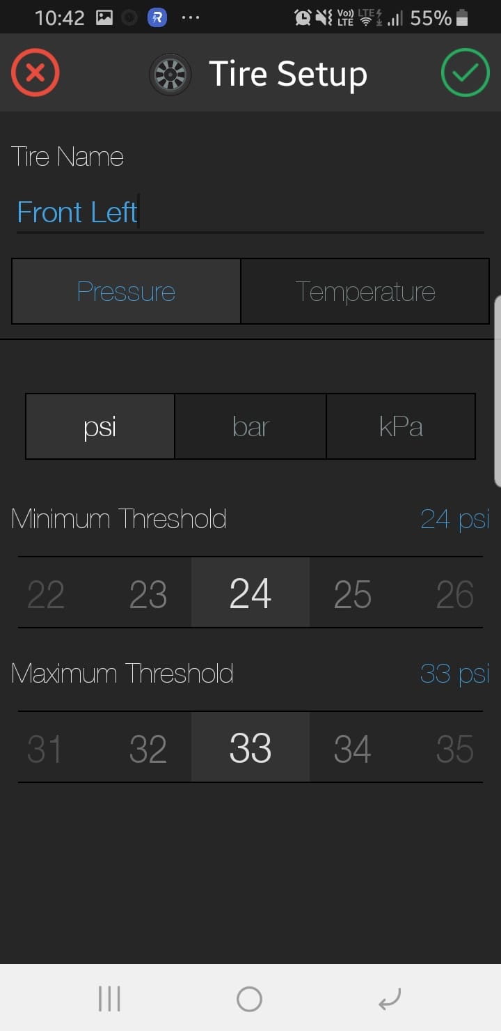 Set The Tyre Pressure Minimum and Maximum Tyre Pressure for TPMS