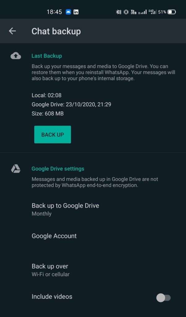 Backup WhatsApp chats before deleting the backup or turning off the backup on Google Drive 