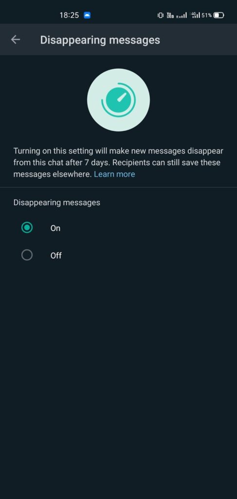 turn on disappearing message settings to Auto Deleted WhatsApp messages