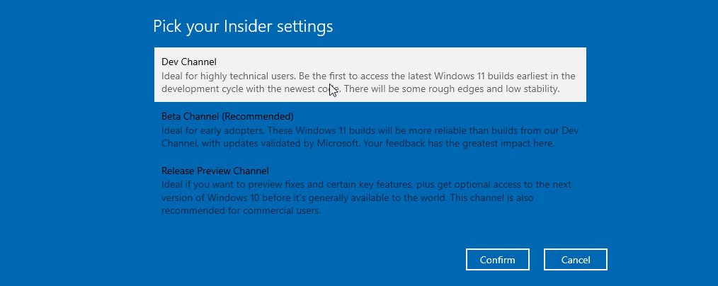 dev channel for Windows 11
