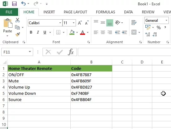 create and map the Hex code table in Excel sheet