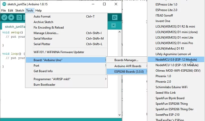 select Esp8266 or Nodemcu board from the Tools
