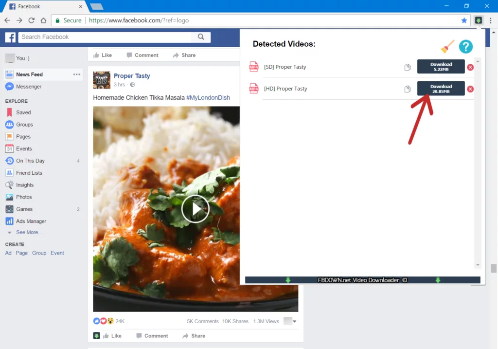choose facebook video resolution for download