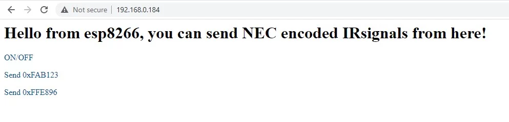 visit the IP address in any browser to control IR devices.