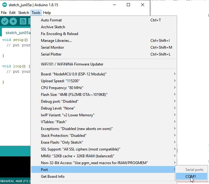 choose the Esp8266 com port