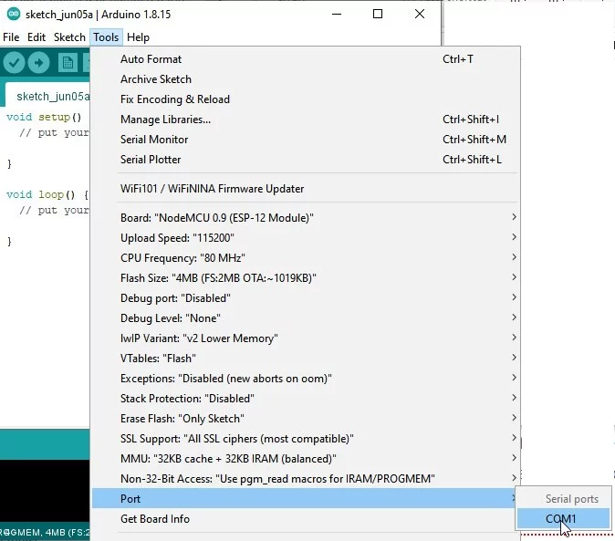 choose the Esp8266 com port