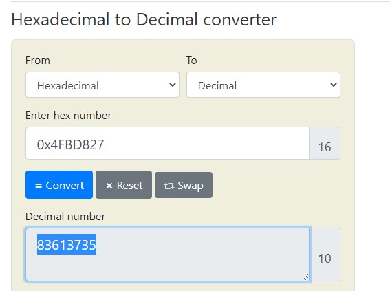 convert the hex code to decimal number
