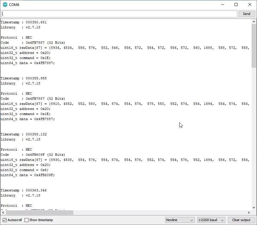note the hex codes displayed on com serial monitor