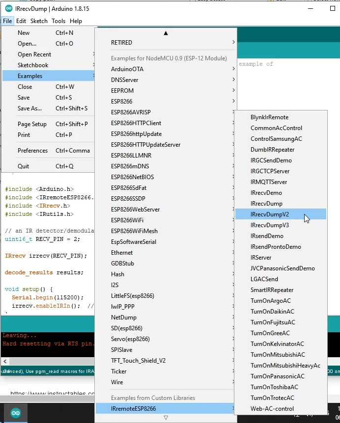 Load the IRrecvDump2 example code