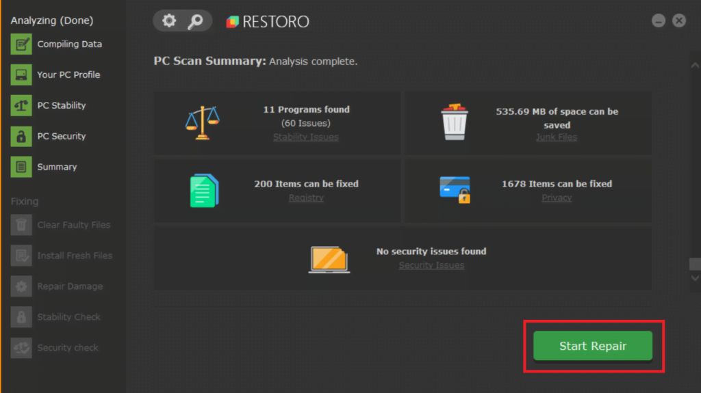 Click Start repair to repair drive errors