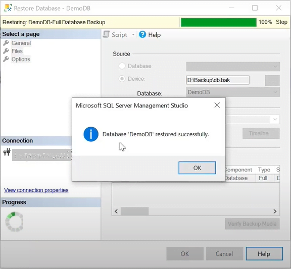 sql database restored successfully