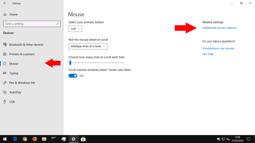 Selecting additional mouse settings in Windows 10