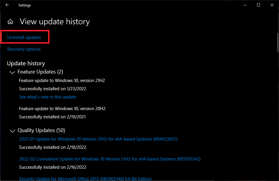 Uninstall Updates in Windows 10