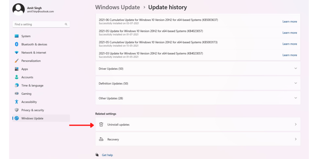 Uninstall Updates in windows 11