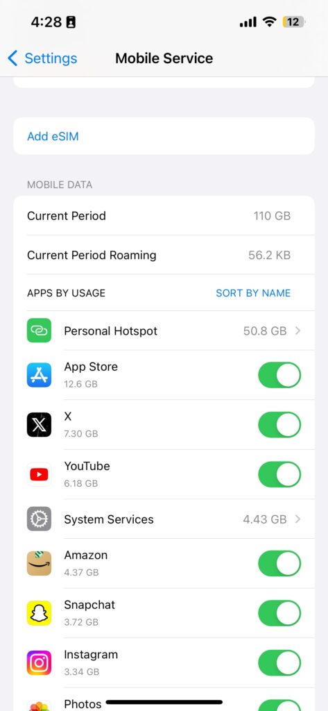check the data usage by personal hotspot on iphone ipad 