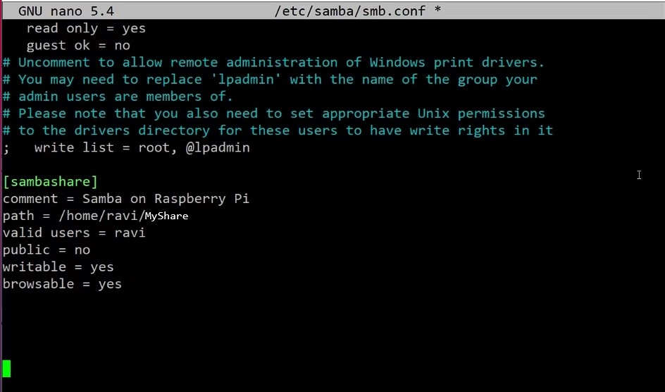 edit the samba configuration file and add the path to the shared directory