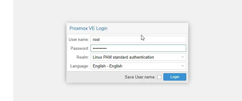 login to proxmox server using root username and password to setup home assistant