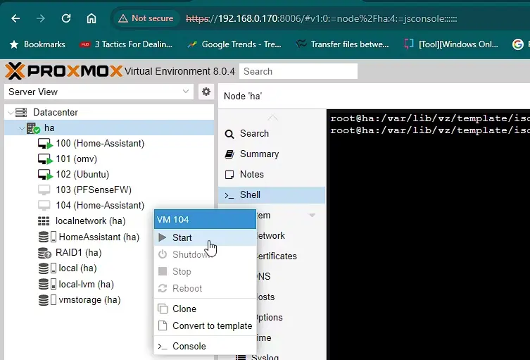 start home assistant vm on proxmox